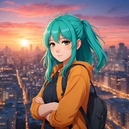 A young girl with long green hair is standing on a rooftop at sunset, wearing an orange jacket and holding her arms crossed over her chest.