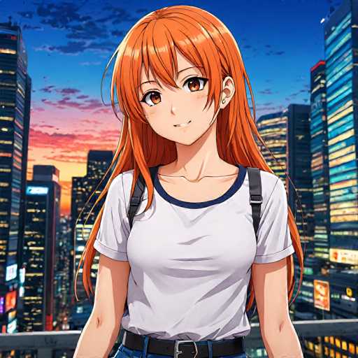 A young girl with long red hair is standing on a balcony overlooking a cityscape at sunset. She's wearing a white t-shirt and blue jeans, and has a backpack slung over her shoulder. The sky behind her is painted in shades of orange and pink, creating a warm glow that contrasts with the cool tones of the buildings below.