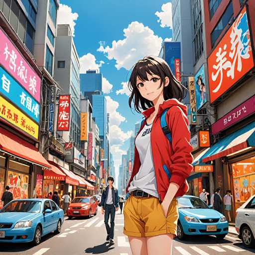 The image depicts a busy street scene with tall buildings and colorful signs lining the road. A young girl is walking down the sidewalk, wearing a red jacket and carrying a backpack. Two men can be seen walking on the sidewalk in front of her. The sky above them is blue with white clouds, creating a bright and sunny atmosphere.