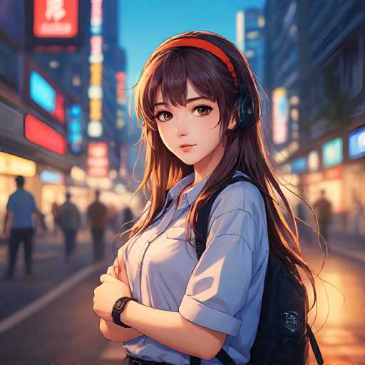A young woman with long brown hair is standing on a city street at night, wearing headphones and carrying a backpack. The background features tall buildings illuminated by neon signs, creating a vibrant urban atmosphere.