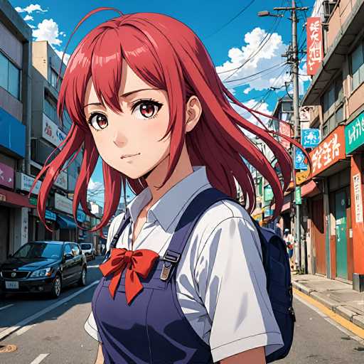 The image depicts a young girl with red hair and a blue dress standing on the sidewalk of an urban street. She is wearing a white shirt and has a backpack slung over her shoulder. The background shows buildings lining the street, indicating that she is in a city setting.