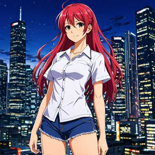 A young woman with long red hair and a white shirt stands confidently against the backdrop of a city skyline at night. The buildings surrounding her are illuminated by bright lights, creating a vibrant contrast to her dark hair.