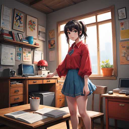 A young girl with black hair and a red shirt stands confidently in front of a desk cluttered with books and papers. The room is filled with various objects, including paintings on the walls, a window offering a view of trees outside, and a computer monitor sitting atop a wooden desk.