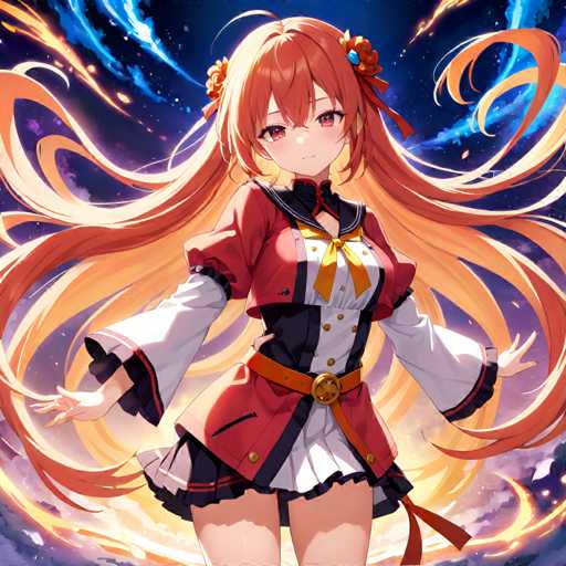 The image shows an anime character with long red hair and a red dress standing against a backdrop of blue and purple clouds. The character is wearing a gold belt and has her arms outstretched in front of her.