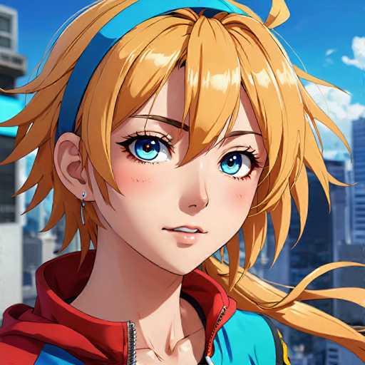 A young girl with blonde hair and blue eyes is the main subject of this digital illustration. She has a vibrant blue headband on her forehead that matches the color of her eyes. The background features an urban cityscape with tall buildings and a clear blue sky.