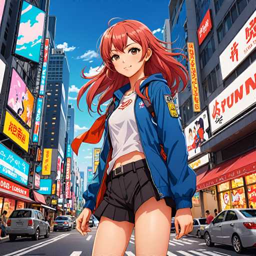 The image depicts a young girl with red hair walking down a busy city street. She is wearing a blue jacket and black shorts, carrying a backpack on her shoulders. The background shows tall buildings and colorful signs, creating an urban atmosphere.