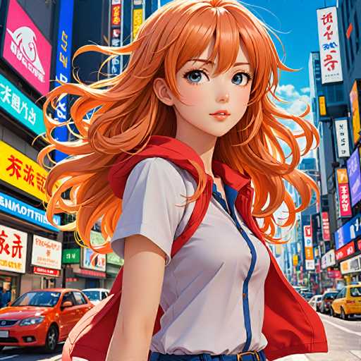 A young girl with long red hair is walking down a busy city street, wearing a white shirt and a red jacket over it. She has blue eyes and is looking off into the distance. The background features tall buildings adorned with colorful signs in various languages, creating a vibrant urban atmosphere.