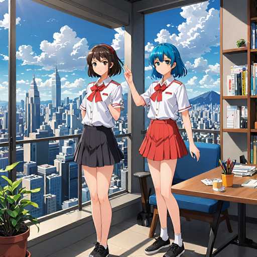 Two girls wearing school uniforms stand on a balcony overlooking a cityscape with tall buildings and a clear blue sky.