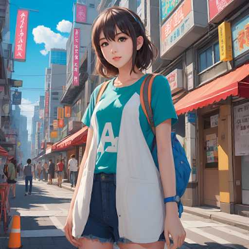 The image depicts a young girl walking down a city street with a backpack and blue jacket on her shoulders. The buildings lining the street have signs written in Chinese characters that read "大阪市", suggesting an Asian setting.