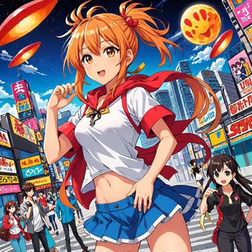 The image depicts an anime character with orange hair and a red scarf standing on a street corner surrounded by other characters. The character is wearing a white shirt and blue skirt, and there are several people in the background walking around or standing near buildings.