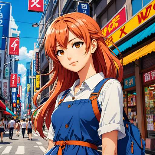 The image depicts an orange-haired girl with a backpack and blue overalls walking down a city street lined with buildings featuring red and yellow signs.