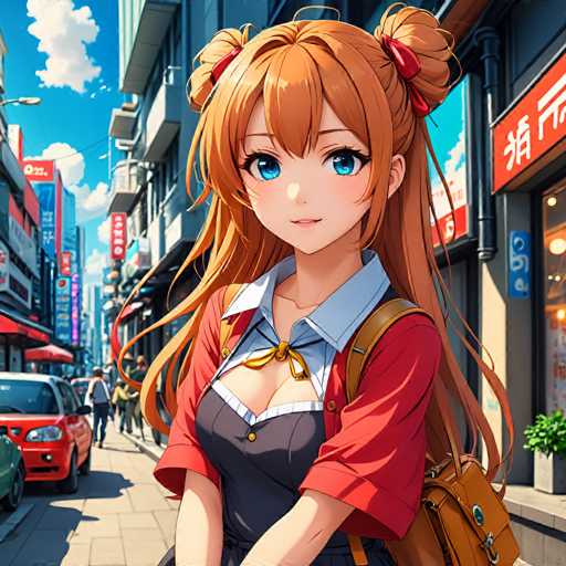 The image depicts an anime character with long brown hair and bright blue eyes standing on a city sidewalk. The character is wearing a red shirt and has a backpack slung over their shoulder. In the background, there are buildings of various sizes and colors lining the street, as well as people walking by.