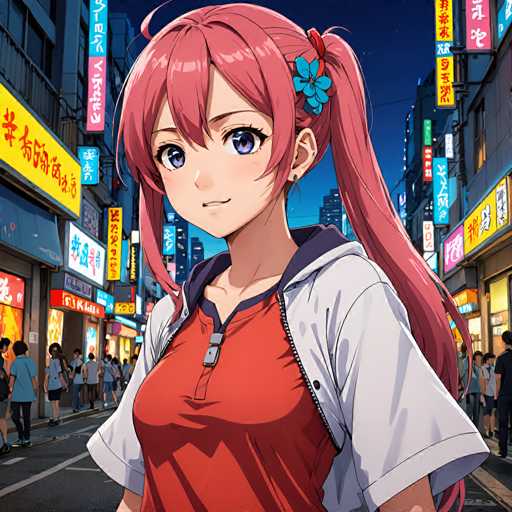 A young girl with pink hair and a red shirt stands on a city street at night, looking directly at the camera with an expression of curiosity or interest. The background is filled with neon signs and buildings, creating a vibrant urban atmosphere.