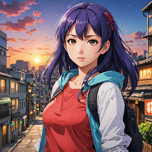 The image depicts a young girl with long dark hair wearing a red shirt and blue jacket standing on the sidewalk of an urban street at sunset. She is holding a black backpack over her shoulder. The background shows buildings and trees lining the street, creating a sense of depth in the scene.