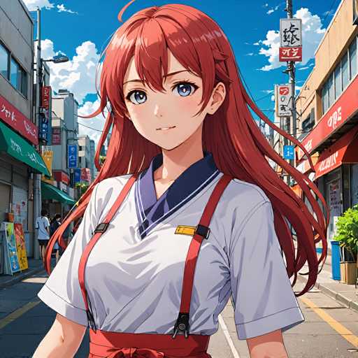 A young girl with long red hair is walking down a street lined with buildings and shops. She is wearing a white shirt with blue straps over her shoulders and carrying a bag on her shoulder. The sky above is clear blue with fluffy white clouds.