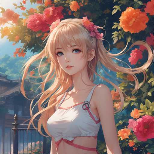 A young woman with blonde hair and blue eyes is standing in front of a garden filled with pink and orange flowers. She is wearing a white tank top and has a flower in her hair. The background features trees and bushes, creating a serene outdoor setting.