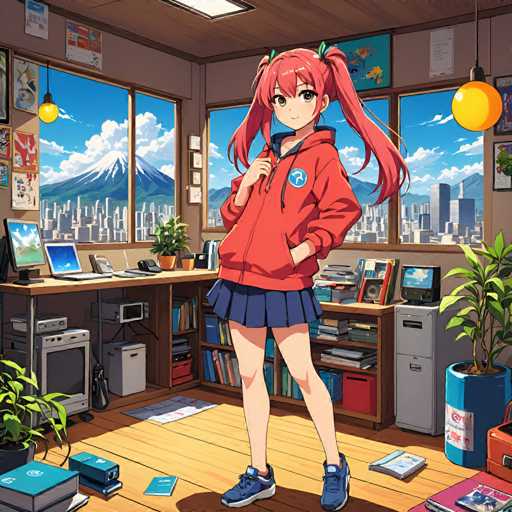 A young girl with red hair and a blue skirt stands in front of a desk cluttered with books and papers, wearing a red hoodie over her shoulders and holding a microphone. The room is filled with various objects including a potted plant, a computer monitor, and a keyboard on the desk.