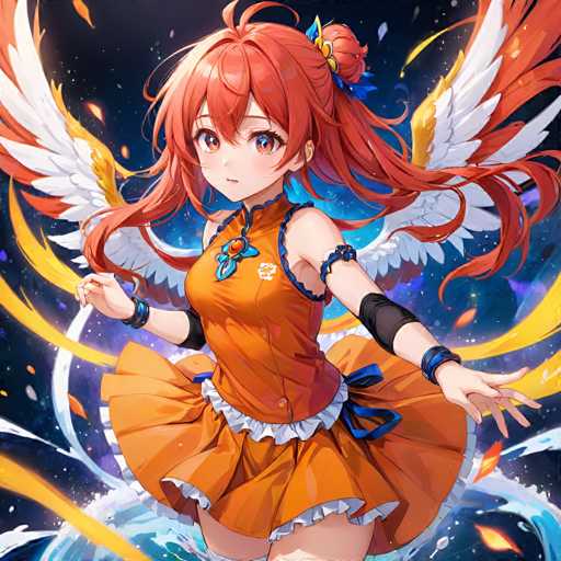 A young girl with red hair and an orange dress stands in a fantastical world filled with vibrant colors and swirling patterns of light and dark hues. The girl is wearing a blue headband and has her arms outstretched as if embracing the chaos around her.