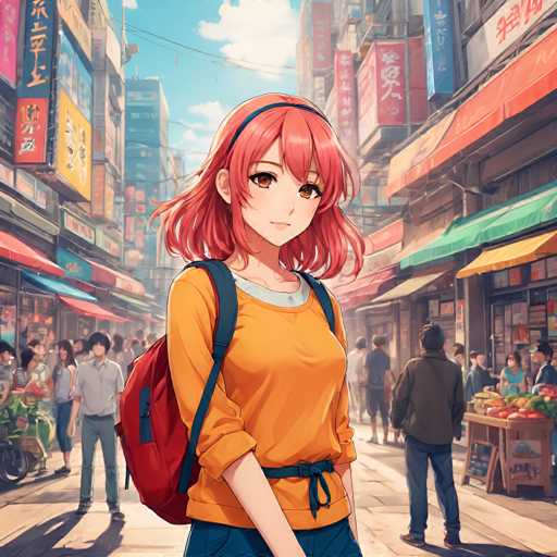 A young girl with red hair is walking down a busy street lined with colorful buildings and shops. She is wearing an orange shirt and carrying a backpack on her shoulders. The background shows the bustling activity of people going about their day in front of various shops and restaurants.