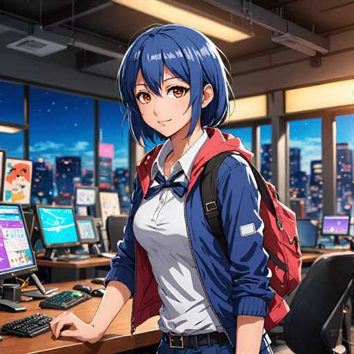 A young woman with blue hair is standing at a desk in an office setting. She is wearing a white shirt and a red jacket over it, and she has a backpack on her shoulders. The desk in front of her contains a computer monitor and keyboard.