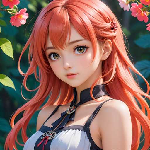 The image shows a close-up portrait of an orange-haired girl with striking green eyes and a white dress. The background is blurred, suggesting the focus is on the girl's face and outfit.