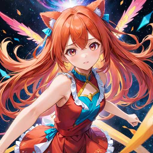 The image shows an anime character with long red hair and a vibrant orange dress adorned with blue and white accents. The character is wearing a blue headband and has a bow on her hair. She appears to be in motion, running or dancing, as indicated by the blurred background.