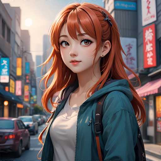 The image depicts an orange-haired girl with a backpack and blue jacket walking down a city street lined with buildings featuring colorful signs. The girl is looking off into the distance, suggesting she may be lost in thought or daydreaming.