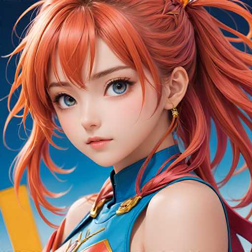 The image shows a close-up portrait of an orange-haired girl with blue eyes and a blue dress against a dark blue background. The girl's hair is styled in pigtails, adding to her youthful appearance. She has a serious expression on her face as she gazes directly into the camera.