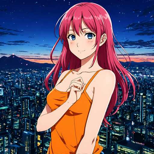 A woman with long pink hair is standing on a rooftop at night, wearing an orange dress and looking directly at the camera. The city skyline forms the backdrop of her image.