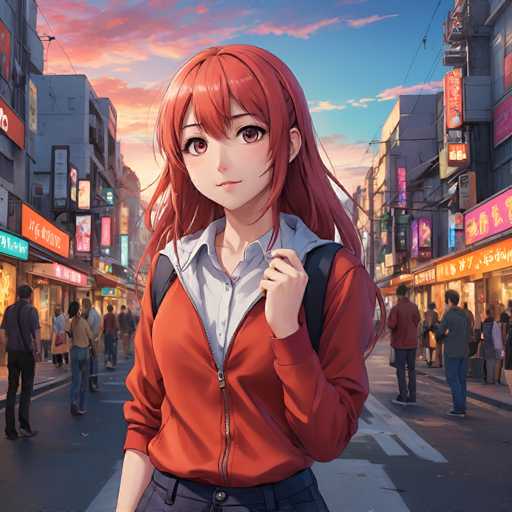 A young woman with red hair is walking down a busy city street at sunset. She's wearing an orange jacket and carrying a backpack on her shoulders. The buildings lining the street have neon signs that glow in shades of blue and pink against the warm hues of the setting sun, creating a vibrant urban atmosphere.