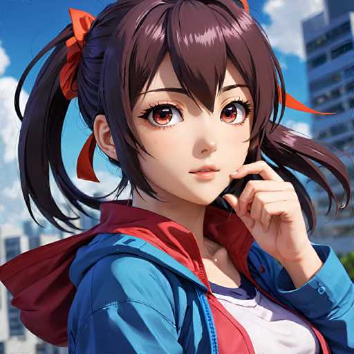 The image shows a close-up portrait of a young woman with brown hair styled into pigtails and wearing a blue jacket over a white shirt. The woman's face is the main focus, with red eyes that add a pop of color to her appearance. She has a thoughtful expression on her face as she gazes off to the side.