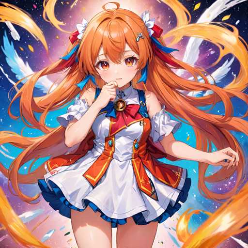 The image depicts an anime character with long red hair and a white dress adorned with blue and orange accents. The character is wearing a red headband and has a bow on her hair. She is standing in front of a backdrop that features a vibrant mix of yellow and purple colors, with the word "STAR" prominently displayed.