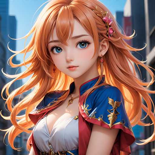 A woman with long blonde hair and a blue dress is shown against the backdrop of a cityscape. She has a flower pinned to her hair and wears earrings that match the color scheme of her outfit. The image does not contain any discernible text or other objects, making it a simple yet striking portrait.