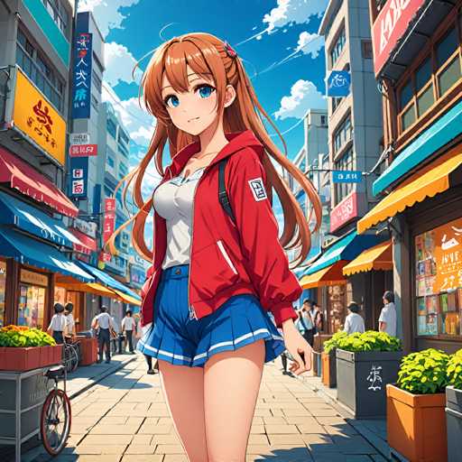 A young girl with long brown hair and a red jacket stands on a city sidewalk, holding a black bag and wearing blue shorts. The background features tall buildings and colorful signs, creating an urban atmosphere.
