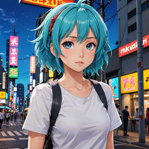 The image depicts a young girl with blue hair and a white shirt standing on the sidewalk of a busy city street at night. She is wearing a backpack and has her hand placed on her hip as she looks directly into the camera. The background shows buildings illuminated by colorful neon signs, creating a vibrant urban atmosphere.