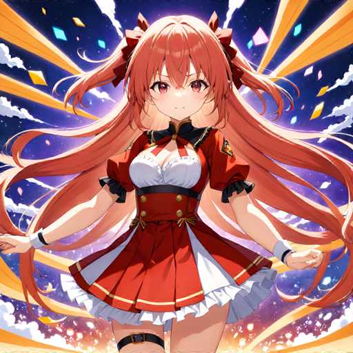 A young girl with long red hair and a white dress stands against a backdrop of blue and orange clouds. She is wearing a red and gold outfit that includes a corset and a ruffled skirt. The girl's face is lit up with a smile as she looks directly at the camera, her eyes sparkling with joy.