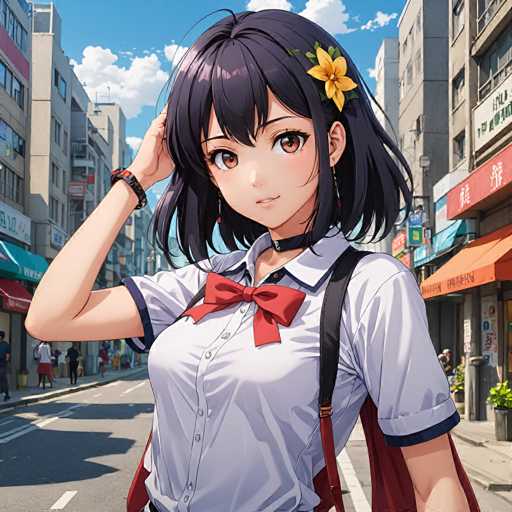 A young girl with dark hair and a flower in her hair stands on the sidewalk of an urban street, wearing a white blouse and red skirt.