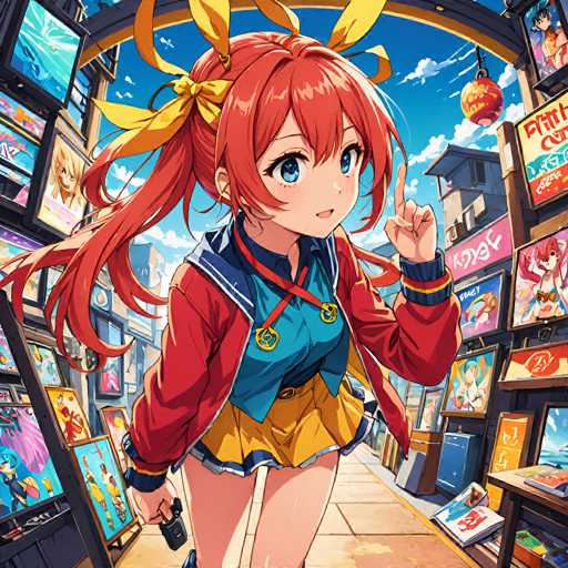 A young girl with red hair and a yellow bow on her head is walking down a street lined with colorful posters of anime characters. She is wearing a blue jacket over a yellow skirt and carrying a camera in one hand while holding onto the handlebars of a bike with the other.