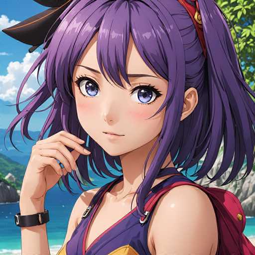 The image shows a close-up portrait of a young girl with long purple hair and blue eyes. She is wearing a purple dress that matches her hair color. The girl has a pink backpack on her shoulders. Her gaze is directed off to the side, and she appears to be in motion or about to move.
