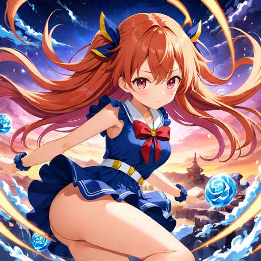 A young girl with long red hair is shown wearing a blue dress and a red bow on her head. She has a serious expression as she gazes into the distance. The background features a sky filled with clouds and stars, creating an otherworldly atmosphere.