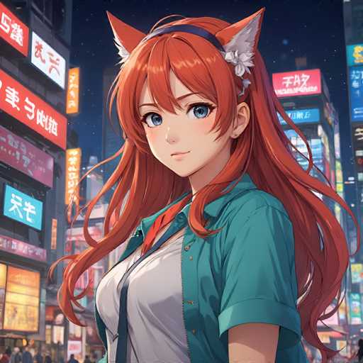 A young girl with long red hair and a green shirt stands on a busy city street at night, her gaze directed off to the side as she looks into the distance. The buildings around her are illuminated by bright neon signs, creating a vibrant and energetic atmosphere.