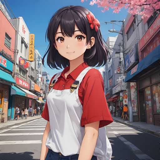 A young girl with dark hair and a red bow on her head is standing on the sidewalk of an urban street lined with buildings featuring colorful signs and advertisements. She is wearing a white shirt and blue jeans, and has a backpack slung over one shoulder.