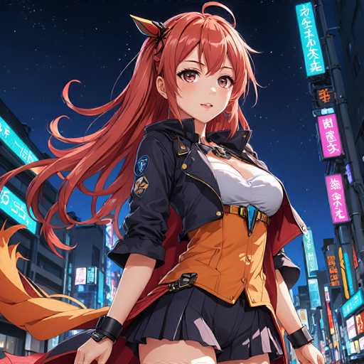 A woman with long red hair and a black jacket stands on a city street at night, her arms crossed over her chest as she gazes off into the distance. The buildings around her are illuminated by neon signs, creating a vibrant and dynamic urban atmosphere.