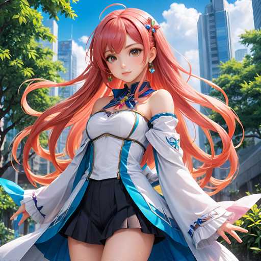 The image depicts an anime character with long red hair and a white dress adorned with blue accents. The character is standing on the street, facing towards the right side of the frame. The background features trees and buildings, suggesting that the scene takes place in an urban setting.
