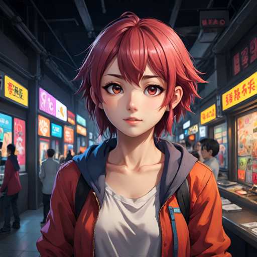 The image depicts an anime character with a vibrant red hair color and striking blue eyes, wearing an orange jacket over a white shirt. The character is standing in front of a store window filled with colorful signs, suggesting they are in a shopping district or market area.