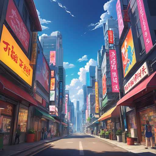 The image depicts an empty street scene with tall buildings on both sides and a clear blue sky above. The street is lined with colorful signs advertising various businesses, including restaurants and shops. A few people can be seen walking along the sidewalk in front of these establishments.