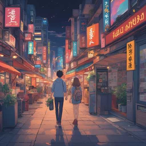 The image depicts a vibrant night scene on a city street lined with colorful buildings and illuminated by bright lights. A couple is walking down the sidewalk, holding hands as they stroll through the lively atmosphere. The perspective of the photo is taken from behind the couple, looking towards them, giving a sense of being part of their journey.