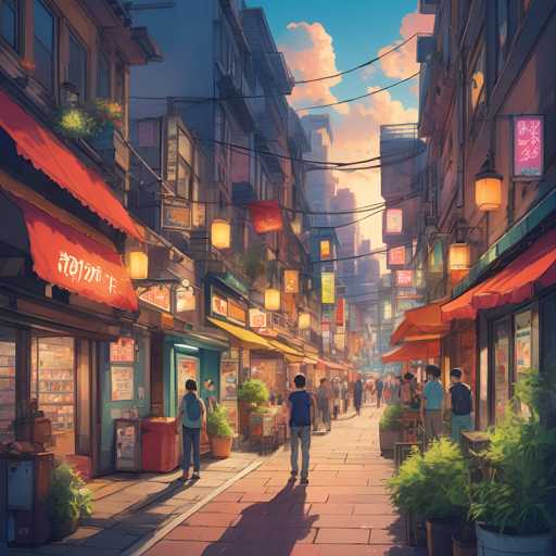 The image depicts a bustling street scene in Japan at dusk. The sky is painted with hues of orange and pink, casting a warm glow over the cityscape. The buildings lining the street are adorned with colorful signs and lanterns that add to the vibrant atmosphere. People can be seen walking along the sidewalk, contributing to the lively ambiance. The perspective of the image is from ground level, looking down the length of the street, giving a sense of depth and scale to the scene.