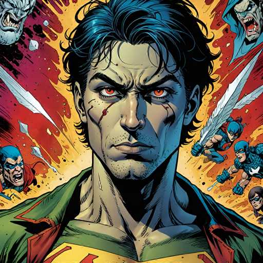 The image is a vibrant and colorful comic book cover featuring a man with spiky hair wearing a green shirt and red pants. The background of the cover is filled with various characters from different comic books, including a blue-haired character wielding a sword in one corner and a blue-skinned character holding a shield in another corner.

The style of the image can be described as a blend of realism and surrealism, with the man's spiky hair and the detailed background elements creating an intriguing visual experience for the viewer.