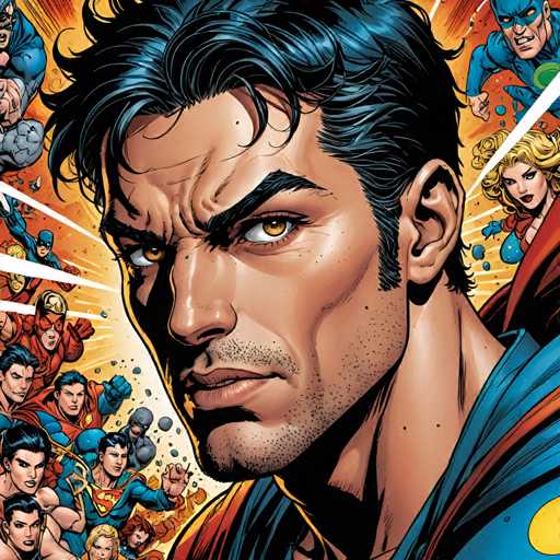 The image depicts a man with dark hair and blue eyes wearing a blue shirt against a vibrant background of comic book characters. The characters include Superman, Batman, and Wonder Woman, as well as other iconic figures from the Marvel Comics universe.